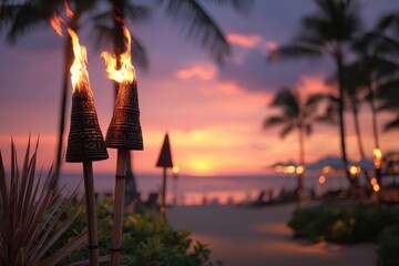 Wall Mural - Tropical Gathering: Dusk in Hawaii with Burning Torches and Sunset Vibes at a Beach Resort