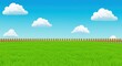 © Setiyawan - Cartoonish illustration of a grassy field with a wooden fence under a clear blue sky with puffy clouds.