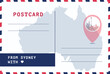 © Anastasiia - From Sydney, Australia postal card template. Vector postcard illustration with landmark, Australian map, message place. Simple flat greetings image layout