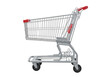 © Jack - Empty silver metal shopping cart with wire mesh, black wheels, red handle, pristine on transparent studio background with shadowless lighting, precise side view, concept for commercial product
