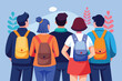 © fatman - Illustration of college students with backpacks enjoying a sunny day outdoors, showcasing diversity in appearance and clothing while engaged in social interaction