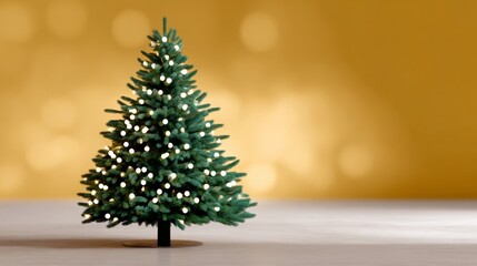 Wall Mural - christmas tree with lights on it is standing in front of a yellow wall. the tree is the main focus o