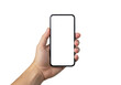 © Jack - Adult gender-neutral hand holding a contemporary smartphone with a blank white screen and dynamic island, against a seamless transparent studio background with copy space, bright even shadowless