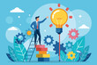© fatman - Businessman on a ladder reaching for an idea light bulb with gears and leaves in a creative workspace