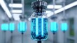 © PBMasterDesign - Bladder pressure with urine monitor concept. A vibrant blue liquid in a glass vial glows under fluorescent light.