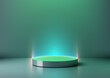 © rarinlada - technology background futuristic neon podium with green cyan glow abstract minimal gradient light sci fi product display stage metallic cylinder showcase for hi tech design and innovation