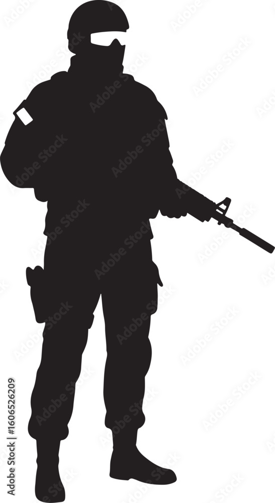 Tactical soldier in full gear holding a rifle, depicted as a black ...