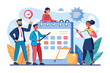 © fatman - Business planning concept featuring a diverse team engaging in strategy discussion with a calendar and planning tools in a bright, creative environment