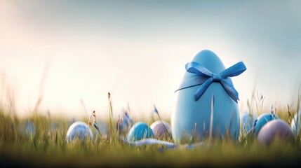 Pastel Easter eggs arranged in a geometric pattern on a concrete surface, bathed in soft morning light.