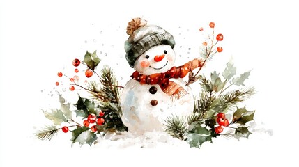 Wall Mural - Watercolor snowman with a scarf and hat, surrounded by holly and pine branches, evoking a festive winter holiday theme.
