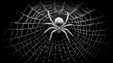 A spider sits at the center of its web, adorned with dewdrops, against a dark background in black and white.