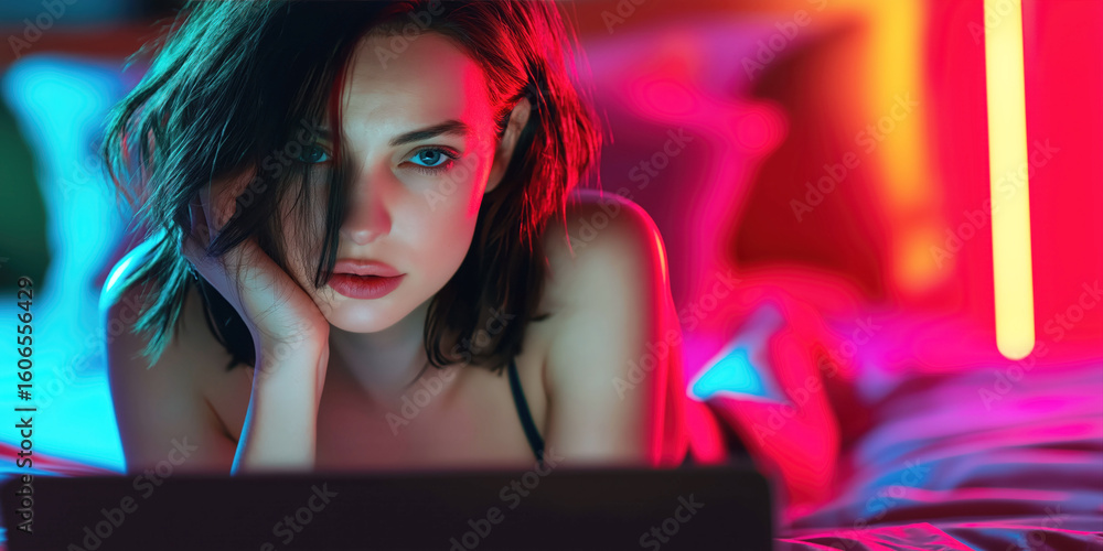Photo Stock beautiful sexy young woman webcam model in lingerie erotic chats and streaming adult web podcast on online videos on a laptop lying on bed in the bedroom | Adobe Stock Photo Stock beautiful sexy young woman webcam model in lingerie erotic chats and streaming adult web podcast on online videos on a laptop lying on bed in the bedroom | Adobe Stock