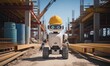 © mlangsen - Construction bot wears hardhat amidst scaffolding, barrels, rebar, steel