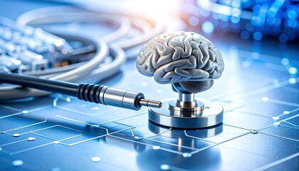 Brain Connection Concept with Cable and Tech Background
