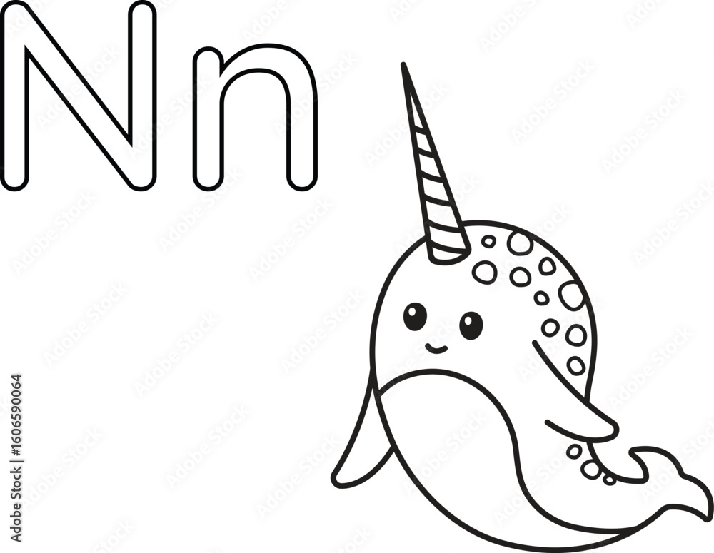 Vektor Isolated Alphabet coloring page letter N with narwhal. Good for ...