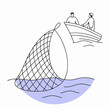 © Lexi - Two fishermen on a boat catching fish with a fishing net at sea