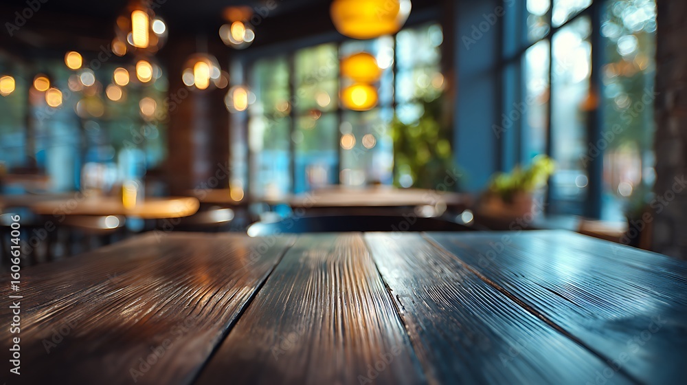 Rustic wood table top with blurred cafÃ© interior background and warm ...