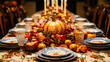 © Akash Tholiya - A front view of the kids' table, decorated with fun and colorful Thanksgiving-themed plates and utensils