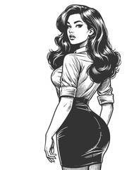 Wall Mural - confident woman with long wavy hair, turning back in a form-fitting blouse and pencil skirt sketch e