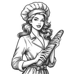 Wall Mural - smiling woman in a chef hat and apron proudly holding a long baguette loaf sketch engraving generati