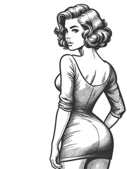 Wall Mural - confident woman in a fitted dress, looking over her shoulder with a glamorous expression sketch engr