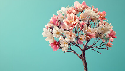 Delicate pink and white blossoms bloom profusely on a whimsical, gnarled tree branch against a serene teal backdrop.
