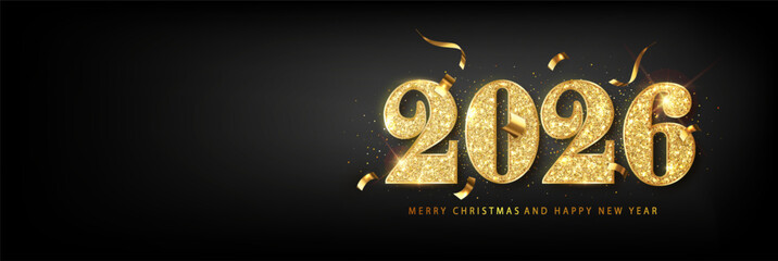 Wall Mural - Happy new year 2026 banner. Golden luxury glitter number 2026 for Christmas Holiday Design