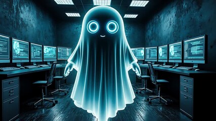 Glowing ghost is floating in a dark server room with computers showing source code, concept of cybersecurity and hacking