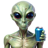 Grey Alien Holding a Blue Can of Beverage