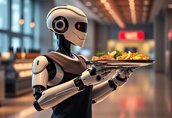 Wall Mural - Sleek, futuristic robot waiter carrying a tray of food,  wheels,  technology