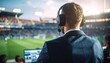 © bagasjoko - Sports commentator at a stadium.  Man in suit with headphones