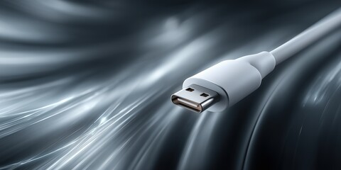 Wall Mural - white usb plug floating over metallic swirling light waves and shiny reflections