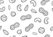 © Skyframe - Vector seamless pattern with hand-drawn doodle outlines of various nuts including peanuts, cashews, almonds, and hazelnuts on a white background.
