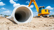 © A2Z AI  - Concrete pipe ready for installation on a construction site with earth mover and clear blue sky in the background on a sunny day.