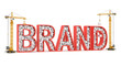 © Mirivox - Red 'BRAND' word built with construction cranes, symbolizing brand building, development, and growth, perfect for business or marketing concepts