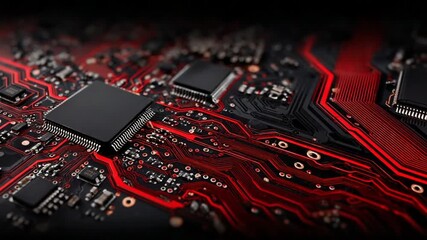 Wall Mural - High Angle View Of Circuit Board With Red Illuminated Lines And Black Components