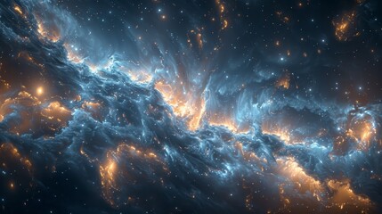 Ethereal nebula swirling with blue and orange hues, dotted with distant stars against a dark backdrop