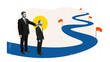 © Lustre Art Group  - Contemporary collage of man leading smaller colleague along winding road with flags on way. Concept of business coaching, leadership mentoring, growth planning, and corporate training tools.