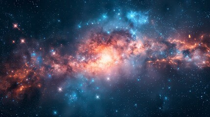 Vast, colorful cosmos with orange nebula and blue stars scattered across a dark, starry sky
