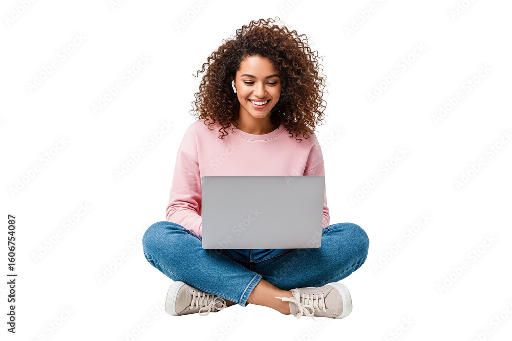 young woman sitting and using laptop isolated on white Stock Photo ...