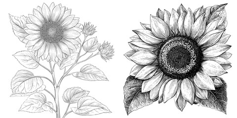 A hand-drawn illustration of a beautiful sunflower in retro black outline ink pen sketch style is isolated on a white background for use in botanical pattern design and greeting card decoration