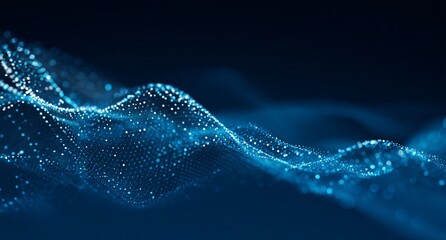 Abstract background. Digital technology and big data elements in the form of lines, dots, and waves on a dark blue gradient.
