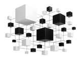 Floating cubes of varying sizes, forming an asymmetric lattice with shifting light.