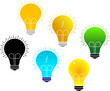 © AR - A colorful collection of six minimalist light bulb icons. This versatile set includes multiple color themes like classic yellow, eco green, and tech blue, representing various concepts. Modern vector