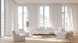 © Hot - clean white minimalist interior, Scandinavian furniture, soft shadows, light textures, white curtains, wooden floor, large windows, peaceful mood