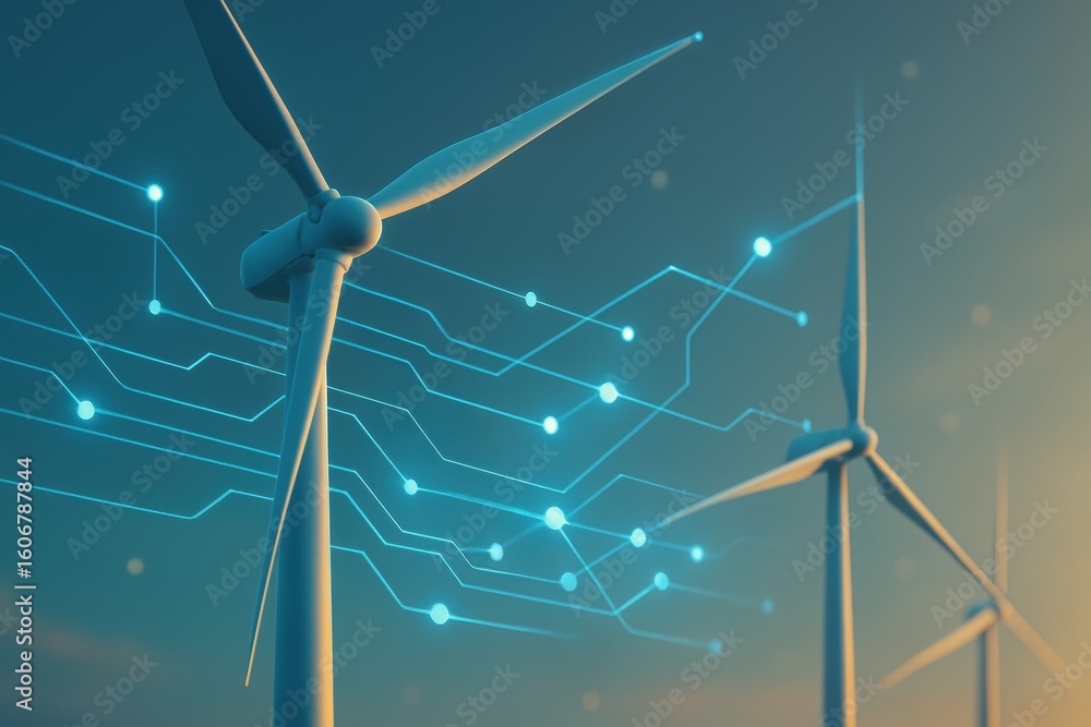 Renewable energy data center. Futuristic wind turbines with digital ...