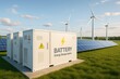 © Gibster - Renewable energy data center. Battery energy storage system with solar panels and wind turbines in a green field.