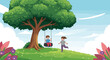 © Shahadot Creatives - Cartoon children playing outdoors with tire swing under tree, vector illustration of joyful nature scene with flowers and blue sky
