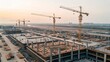 © Platon - Dynamic aerial view captures a large-scale industrial construction site at dusk, featuring multiple towering cranes actively building modern structures with exposed concrete frameworks under a hazy