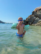 © Elena - Little Boy Playing in Sea Water with Goggles and Arm Floaties
